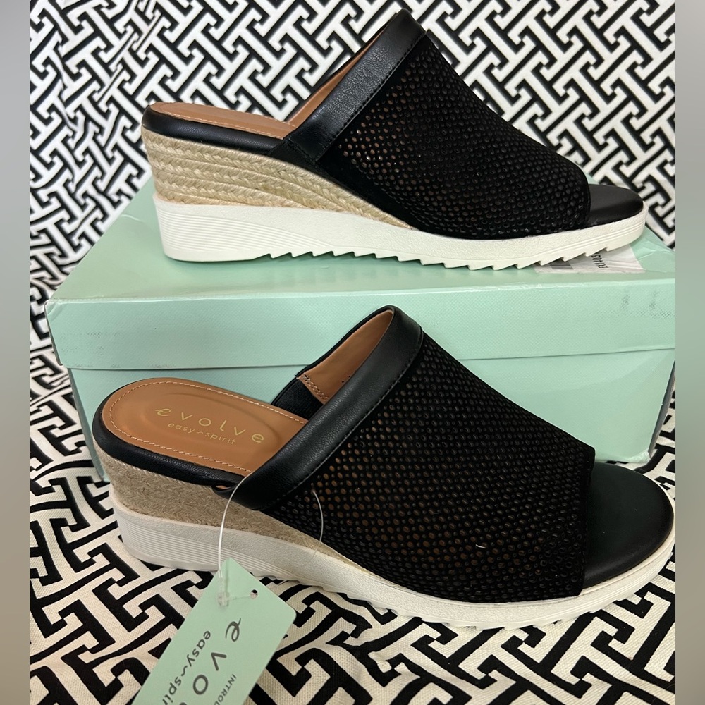 Easy Spirit Black Suede mesh wedge slides NIB Size 9W